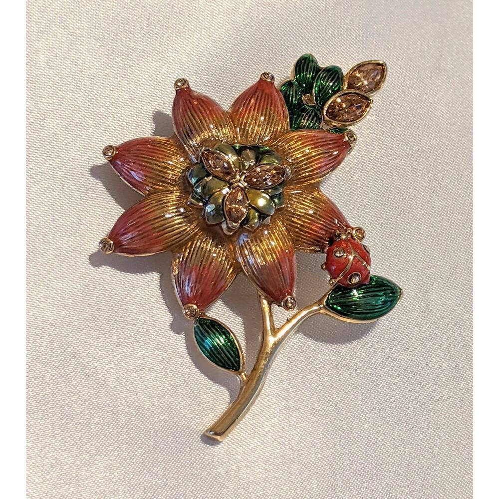 Vintage Monet Enamel & Rhinestone Pin Brooch Flower w/Ladybug Signed Gold Tone